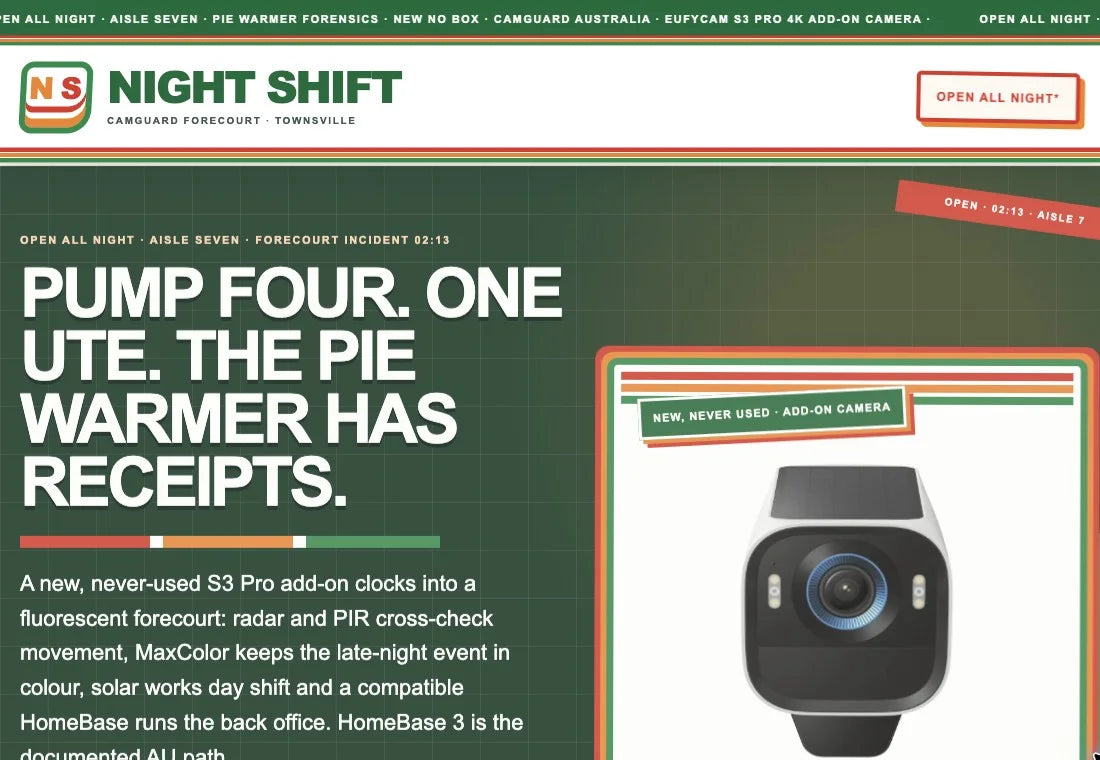 The S3 Pro listing, with Night Shift service-station lettering and a framed camera