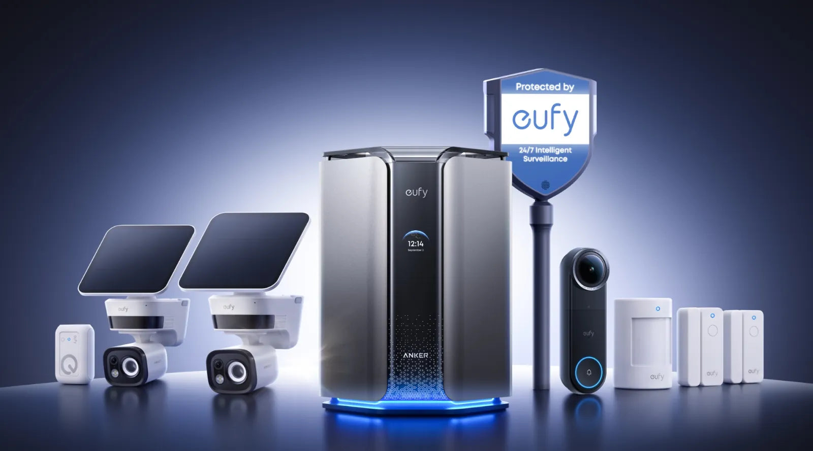 Anker's MindBase Security Kit launch photo with the hub, cameras, doorbell, yard shield and sensors