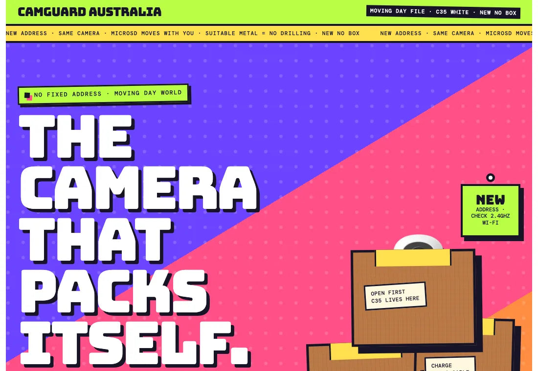The white C35 New No Box product page, styled as a moving-day manifest with boxes and labels