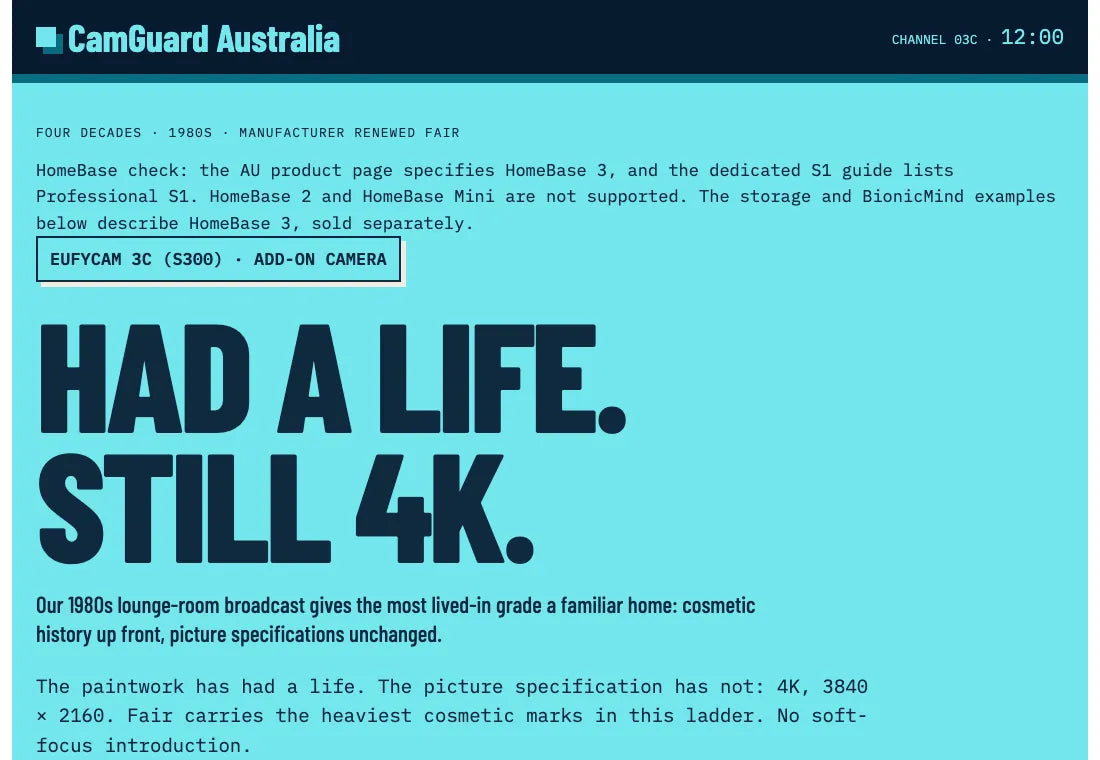 The renewed S300 product page, styled as a 1980s lounge-room television broadcast