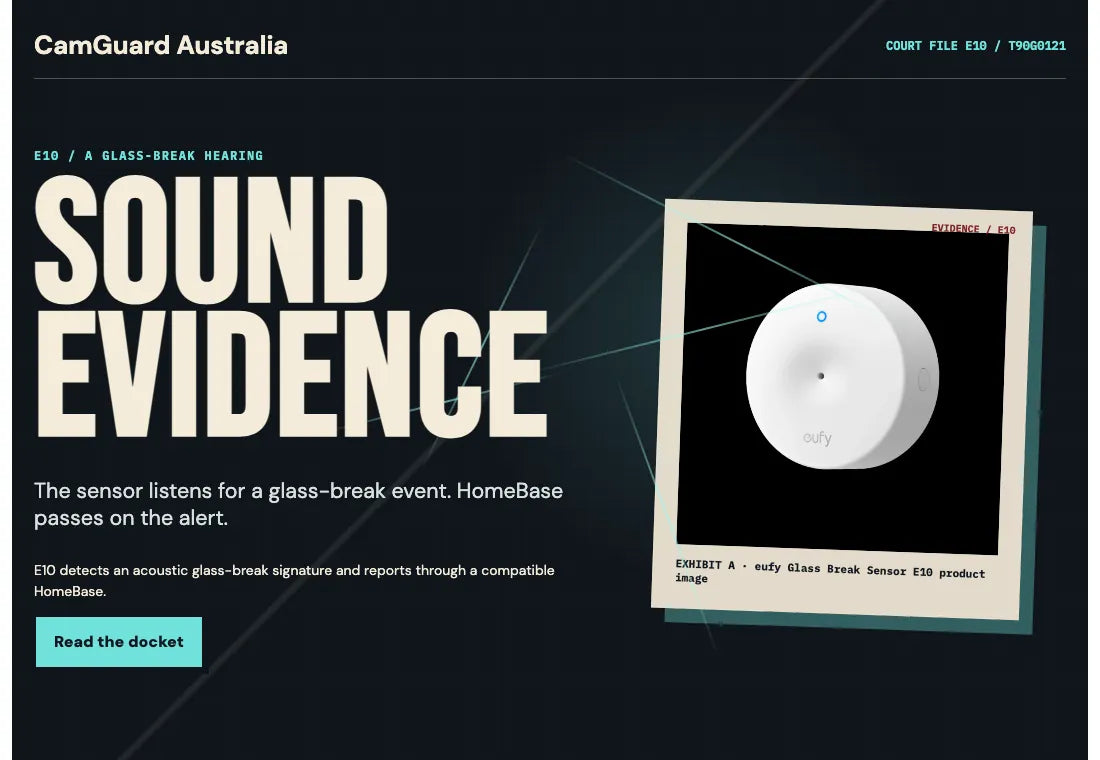 The glass-break sensor product page, styled as a courtroom evidence file