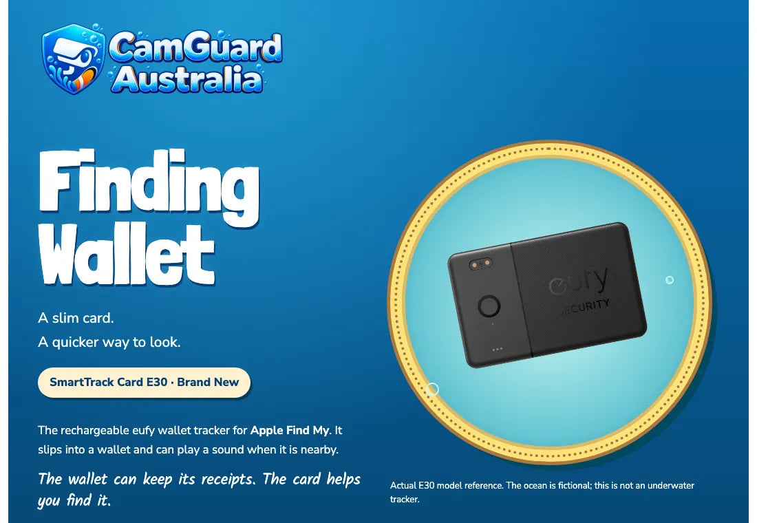 The SmartTrack Card product page, styled as an underwater search for a wallet